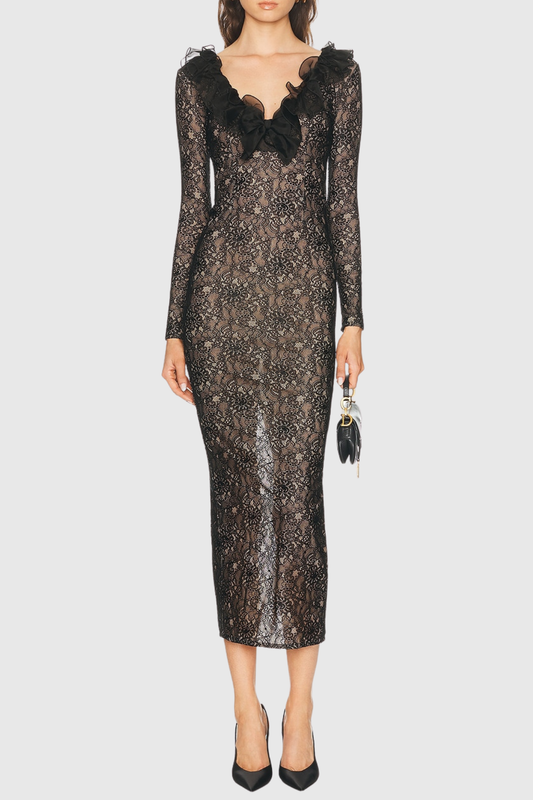 Sophronia Ruffle Lace Midi Dress - Black