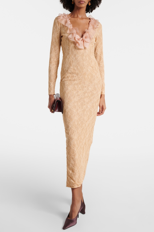 Sophronia Ruffle Lace Midi Dress - Nude