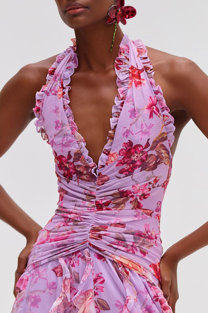 Souza Floral Halter Ruffle Tulle Maxi Dress - Pink