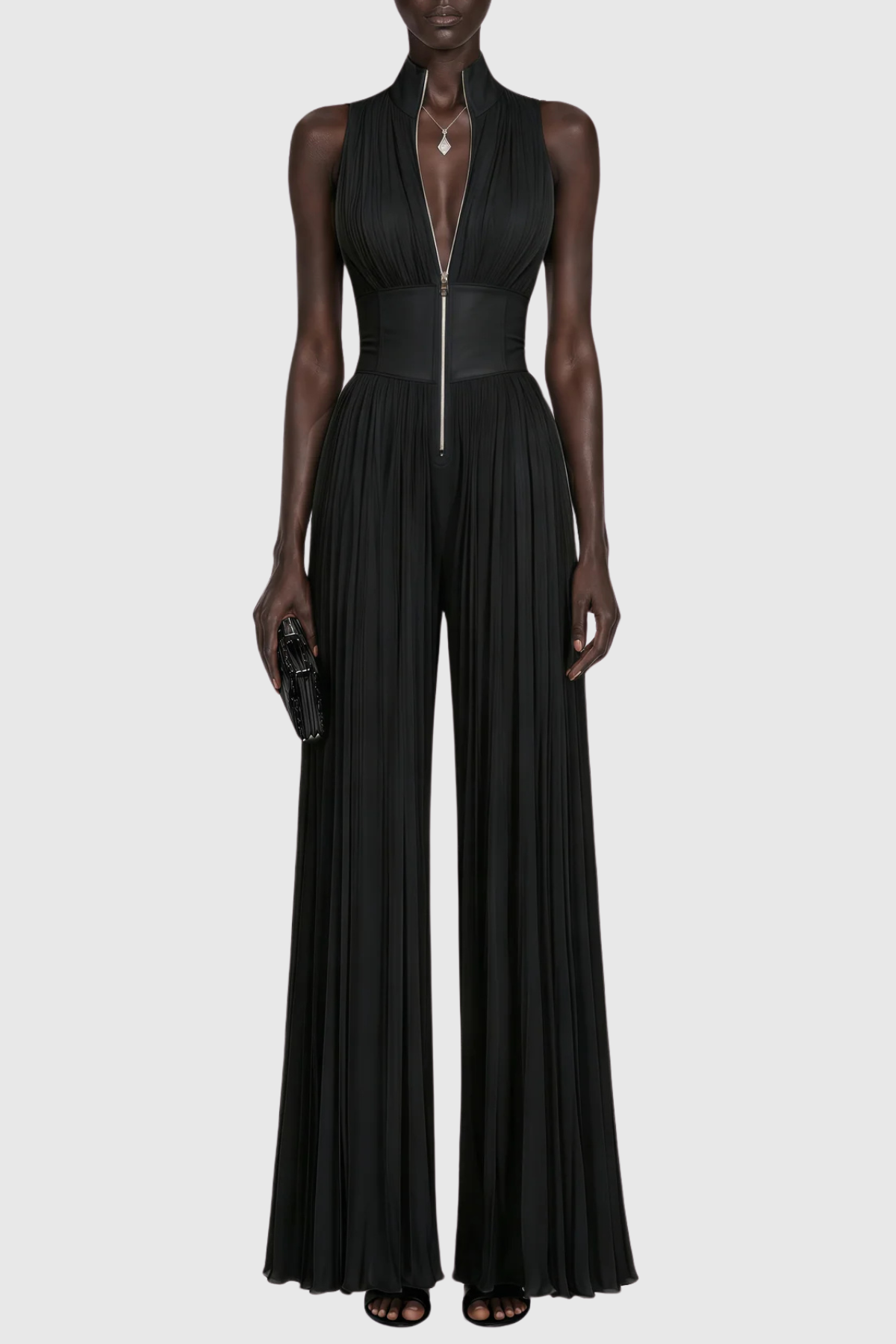Sparra Zipper Ruched Jumpsuit - Black