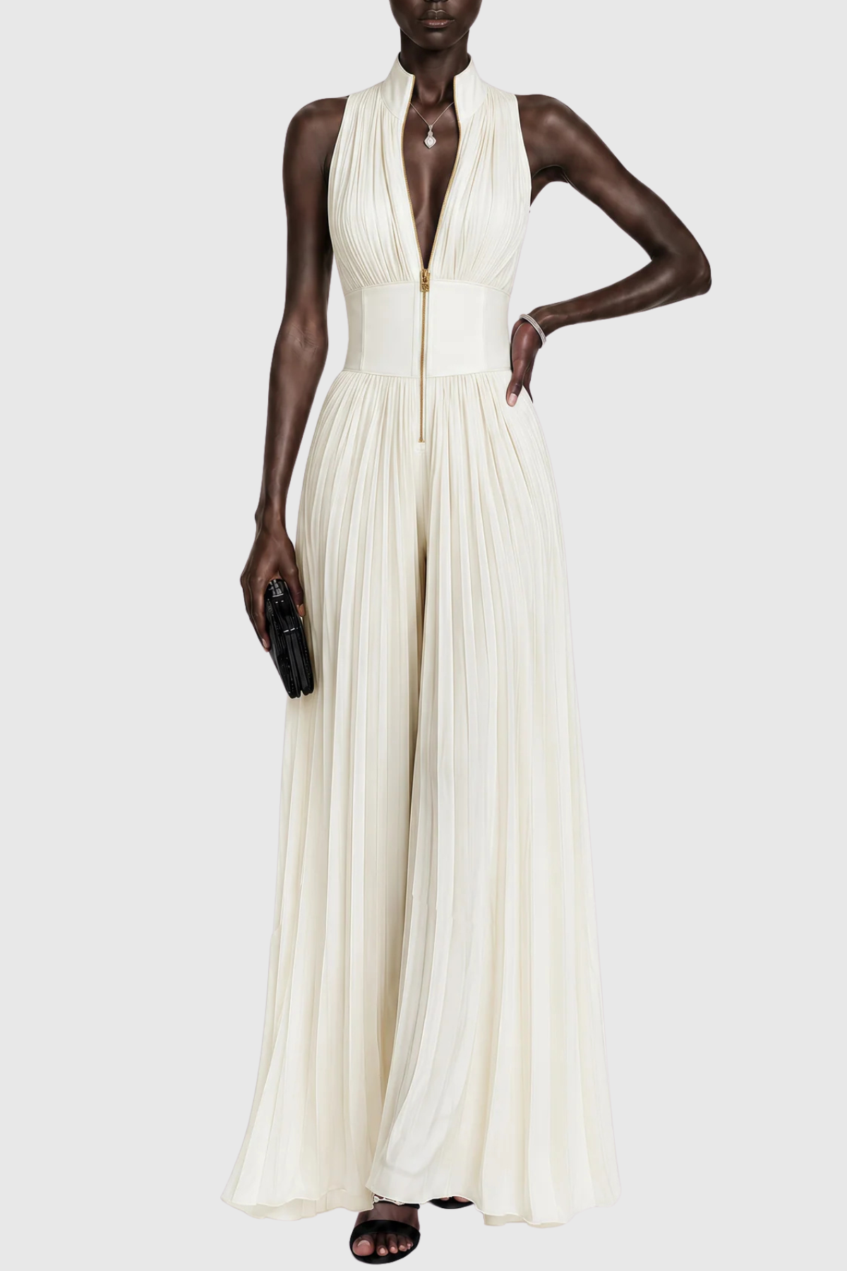 Sparra Zipper Ruched Jumpsuit - White