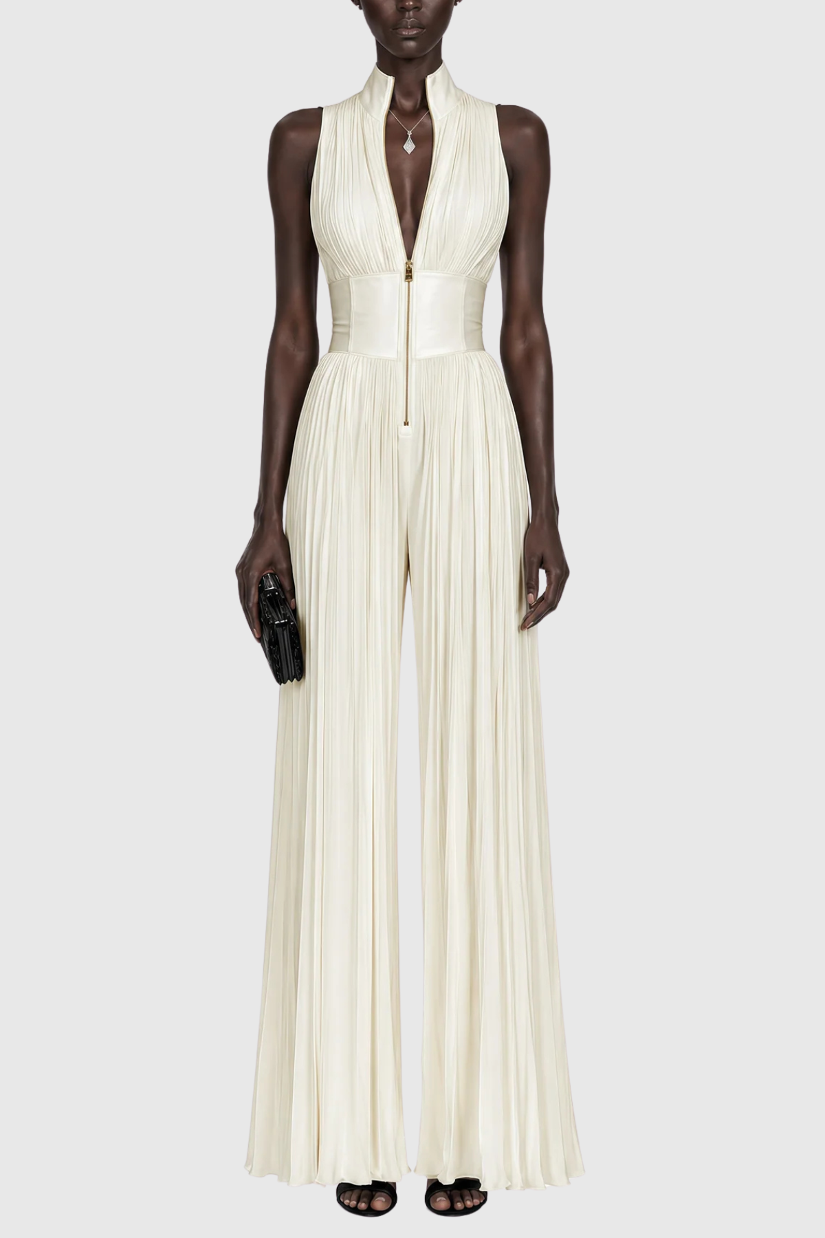 Sparra Zipper Ruched Jumpsuit - White