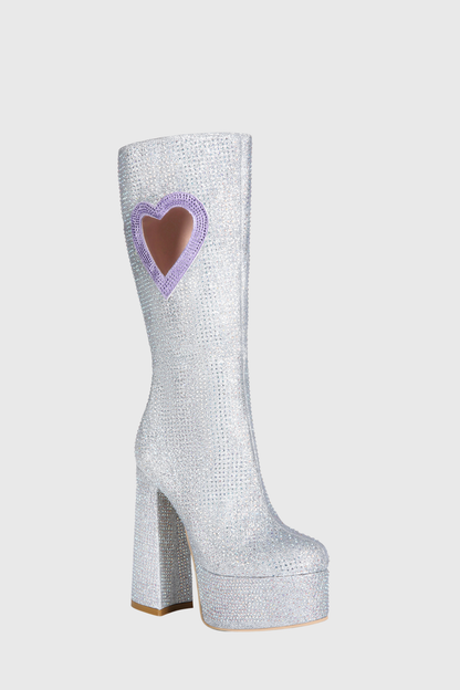 Staya Rhinestone Heart Chunky Heel Platform Boots