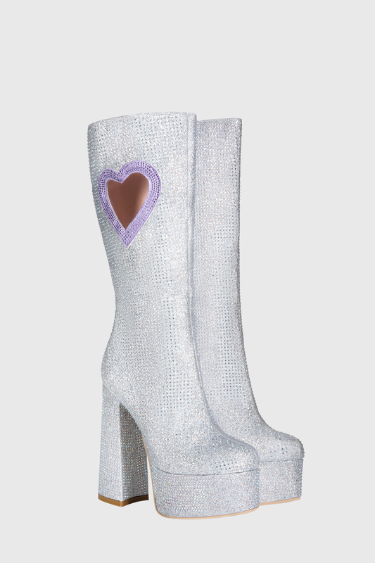 Staya Rhinestone Heart Chunky Heel Platform Boots