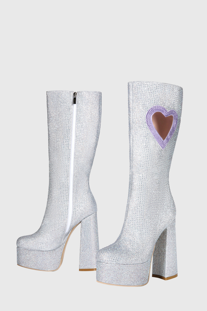 Staya Rhinestone Heart Chunky Heel Platform Boots