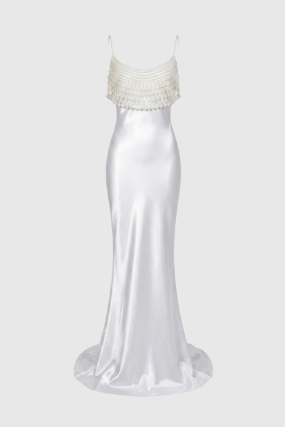 Stevie Pearl Embellished Satin Maxi Dress