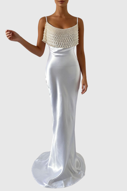 Stevie Pearl Embellished Satin Maxi Dress