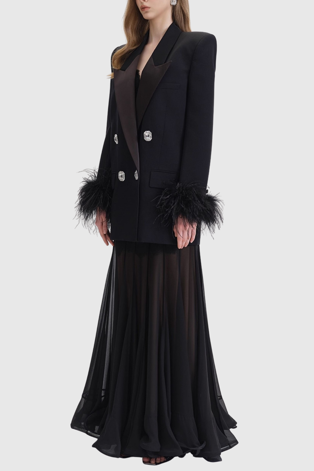 Strara Diamond Buttoned Feather Blazer