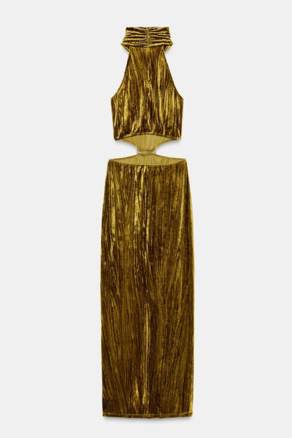 Sudya Halter Velvet Cutout Midi Dress
