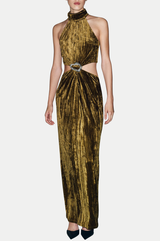 Sudya Halter Velvet Cutout Midi Dress