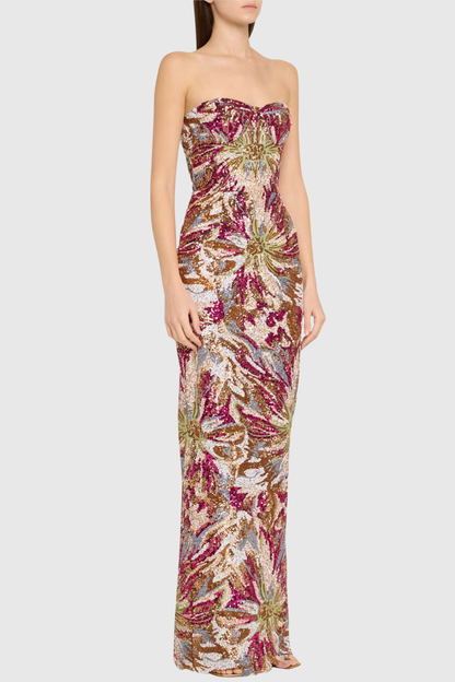 Sulie Strapless Floral Sequin Maxi Dress - Red
