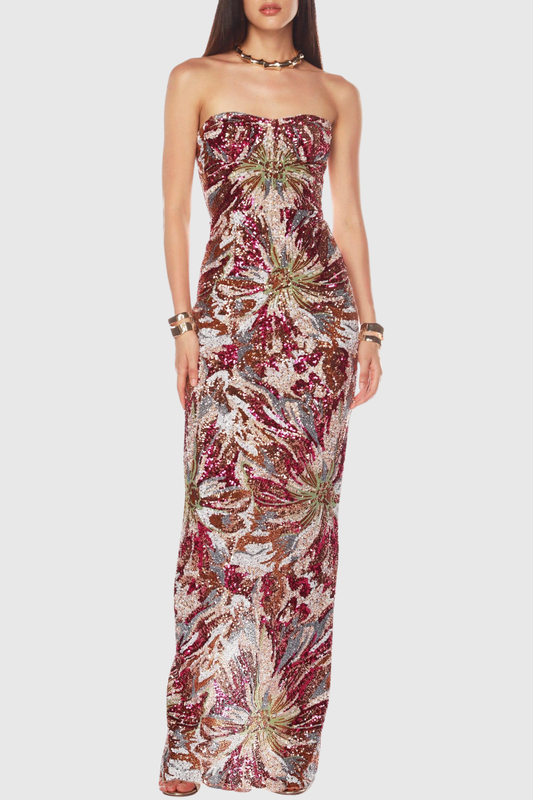 Sulie Strapless Floral Sequin Maxi Dress - Red