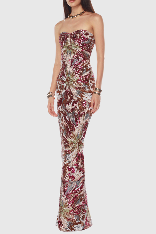 Sulie Strapless Floral Sequin Maxi Dress - Red