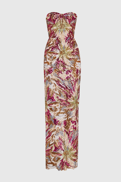 Sulie Strapless Floral Sequin Maxi Dress - Red