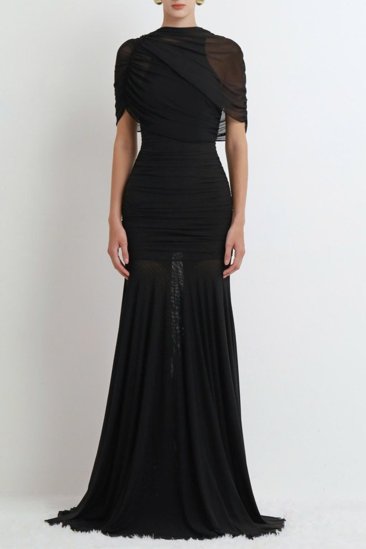 Suttoa Mesh Shawl Ruched Maxi Dress - Black