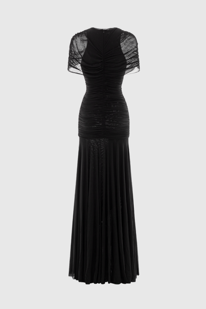 Suttoa Mesh Shawl Ruched Maxi Dress - Black