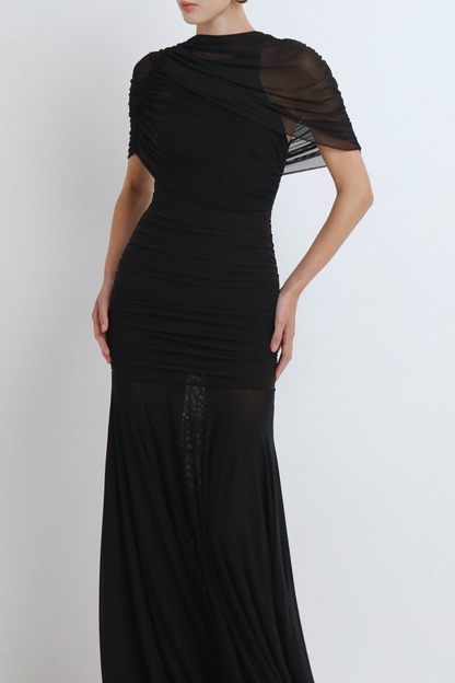 Suttoa Mesh Shawl Ruched Maxi Dress - Black