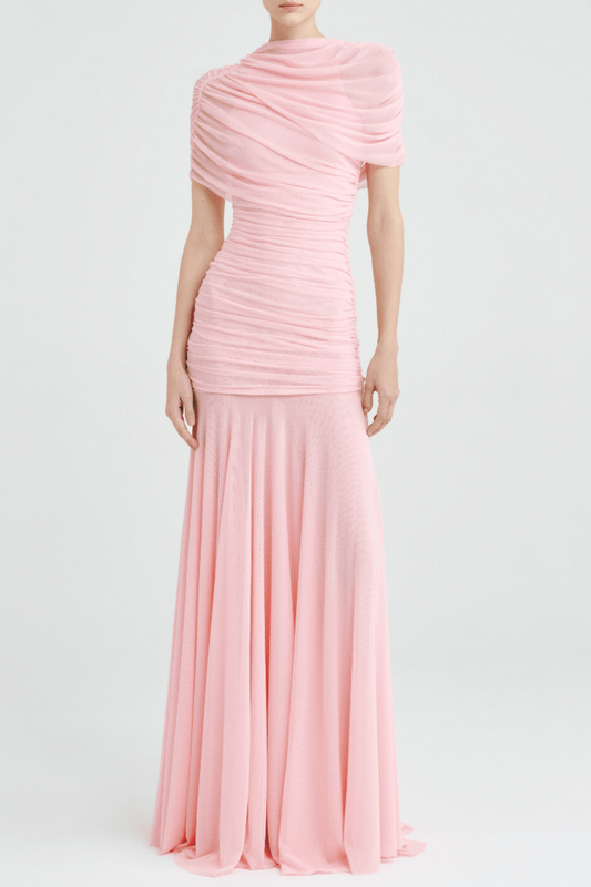 Suttoa Mesh Shawl Ruched Maxi Dress - Pink