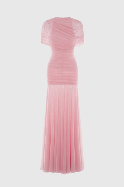 Suttoa Mesh Shawl Ruched Maxi Dress - Pink