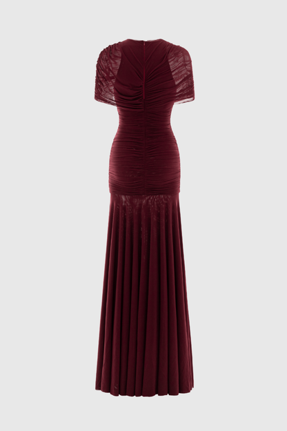 Suttoa Mesh Shawl Ruched Maxi Dress - Wine
