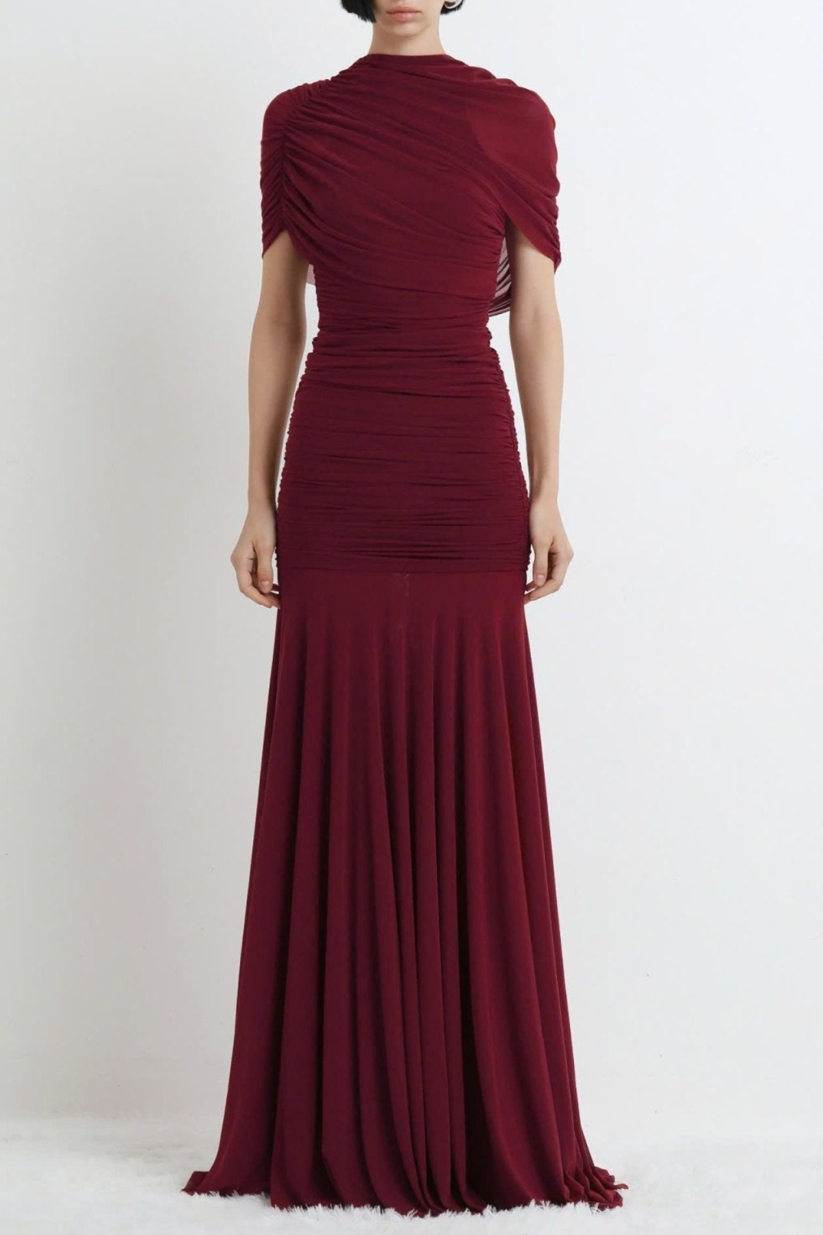 Suttoa Mesh Shawl Ruched Maxi Dress - Wine