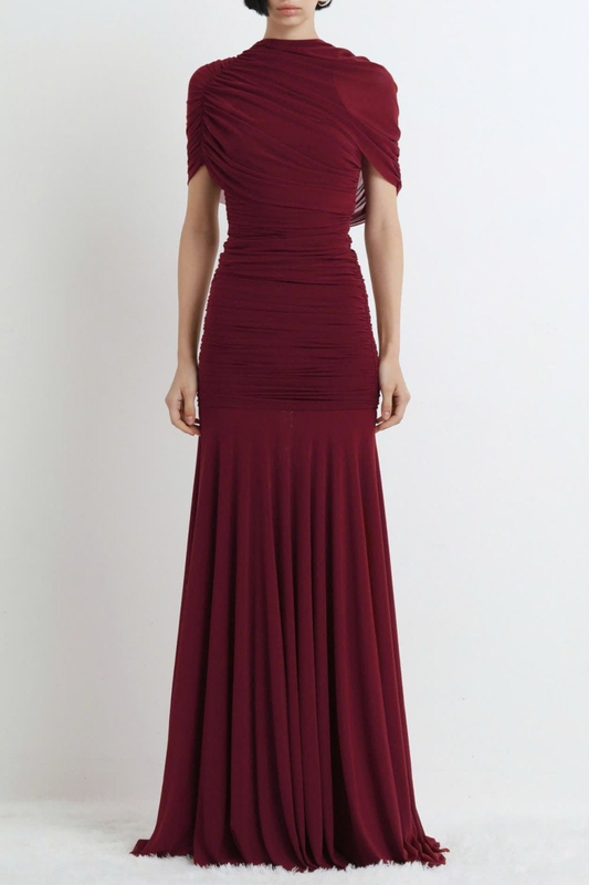 Suttoa Mesh Shawl Ruched Maxi Dress - Wine