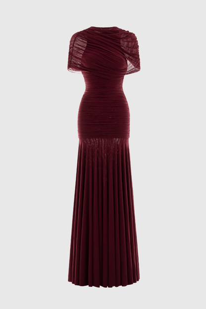 Suttoa Mesh Shawl Ruched Maxi Dress - Wine