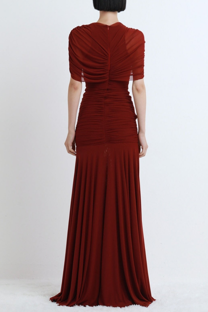 Suttoa Mesh Shawl Ruched Maxi Dress - Wine