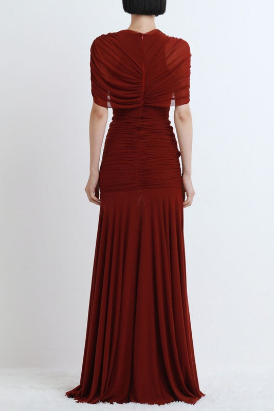 Suttoa Mesh Shawl Ruched Maxi Dress - Wine
