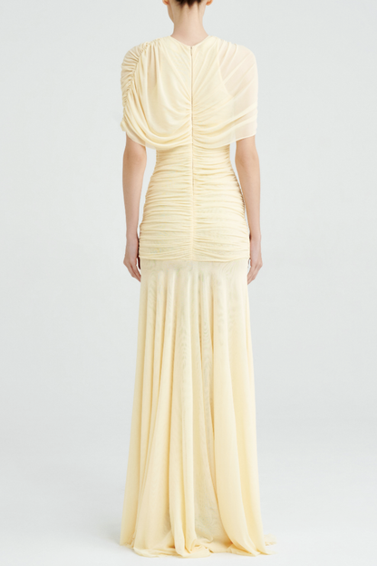 Suttoa Mesh Shawl Ruched Maxi Dress - Yellow