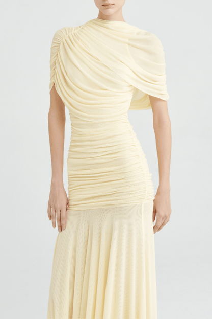 Suttoa Mesh Shawl Ruched Maxi Dress - Yellow