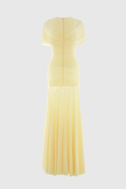 Suttoa Mesh Shawl Ruched Maxi Dress - Yellow