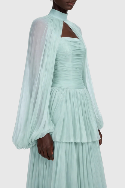 Suzaie Glossy Cape & Tiered Dress Set - Green