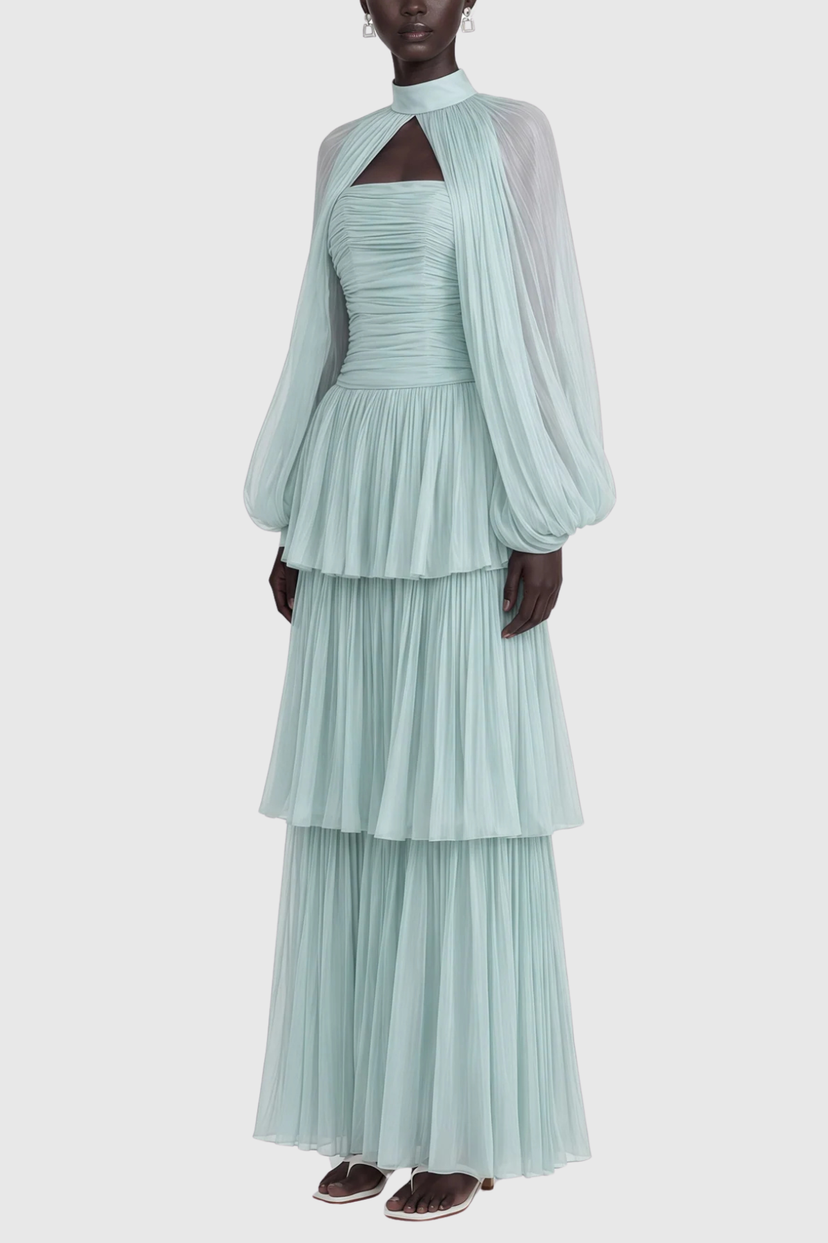 Suzaie Glossy Cape & Tiered Dress Set - Green