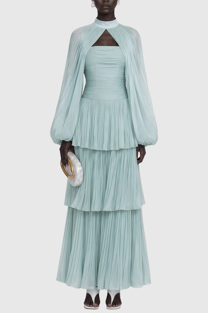 Suzaie Glossy Cape & Tiered Dress Set - Green