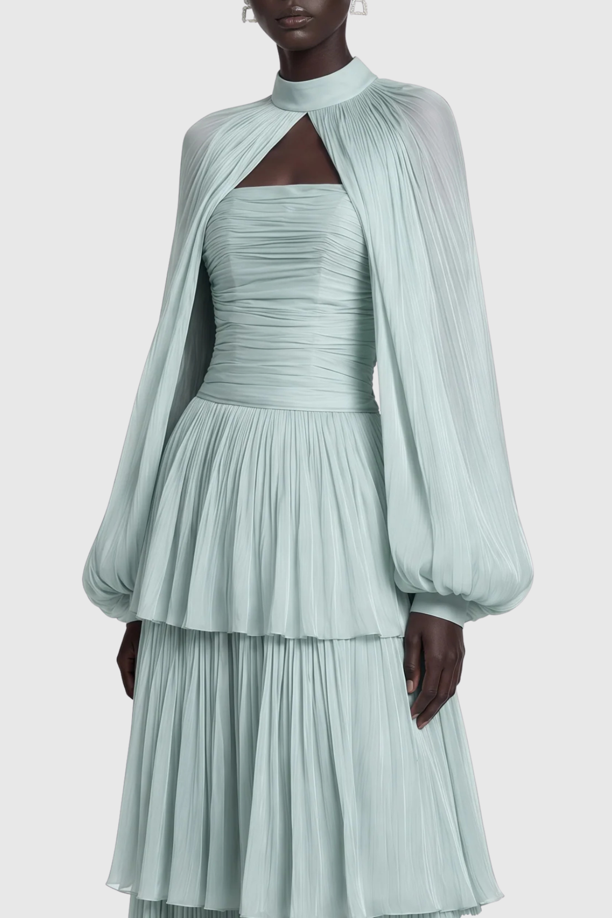 Suzaie Glossy Cape & Tiered Dress Set - Green