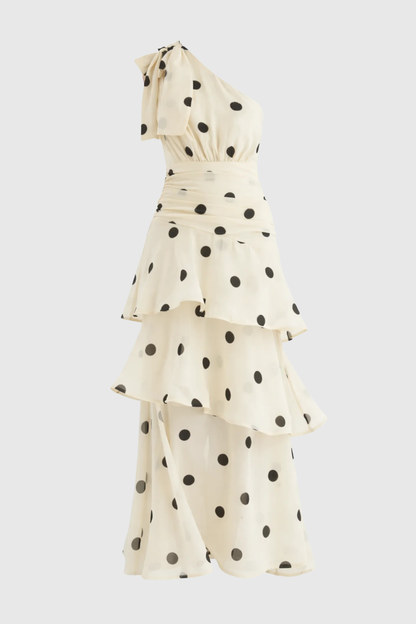 Sverly One Shoulder Polka Dot Midi Dress - Beige