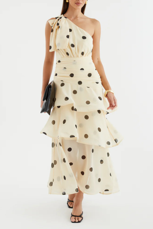 Sverly One Shoulder Polka Dot Midi Dress - Beige