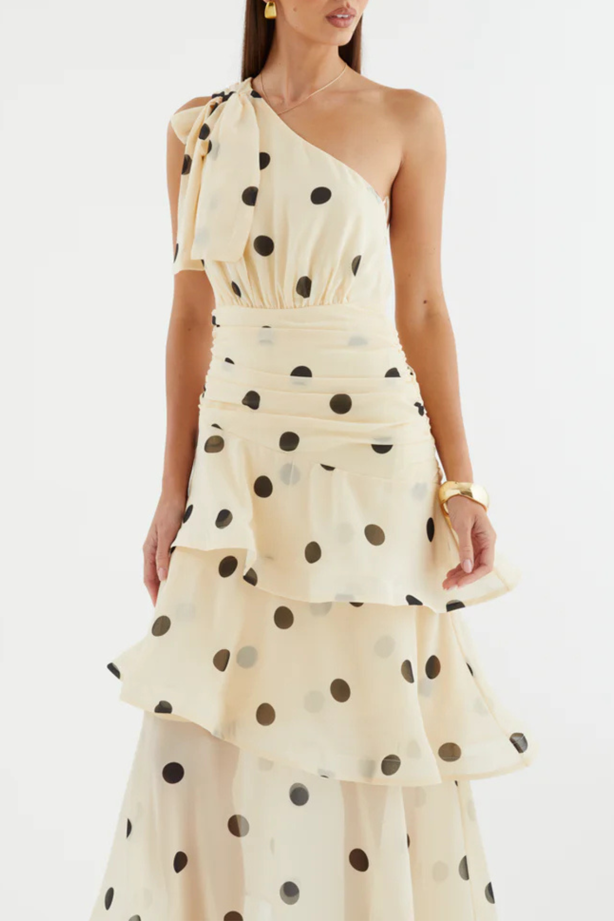 Sverly One Shoulder Polka Dot Midi Dress - Beige