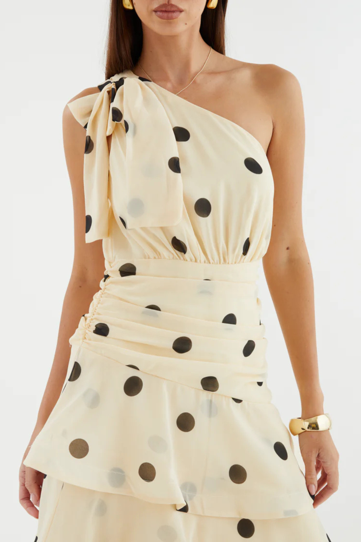 Sverly One Shoulder Polka Dot Midi Dress - Beige