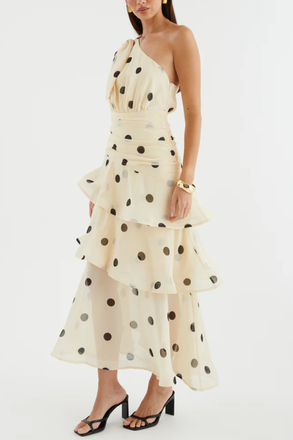 Sverly One Shoulder Polka Dot Midi Dress - Beige