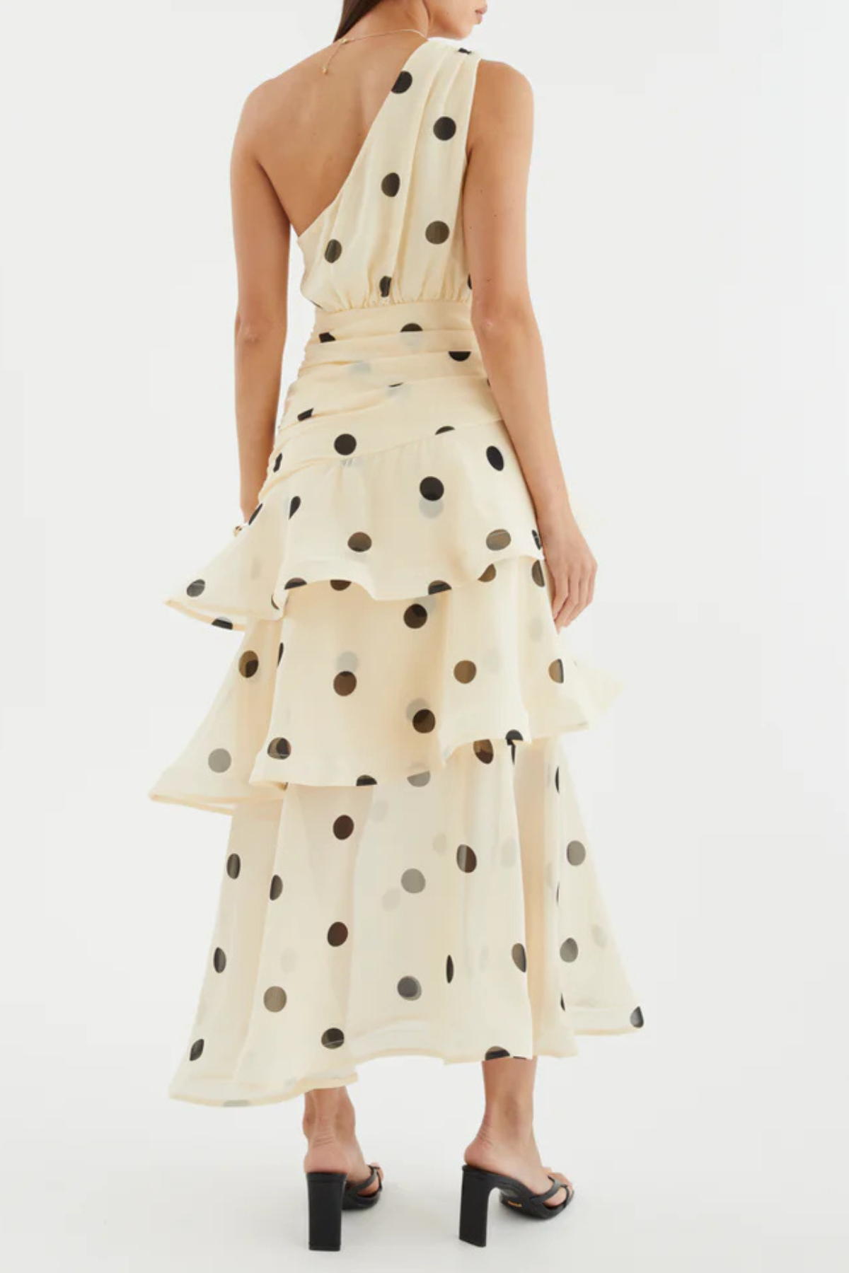 Sverly One Shoulder Polka Dot Midi Dress - Beige