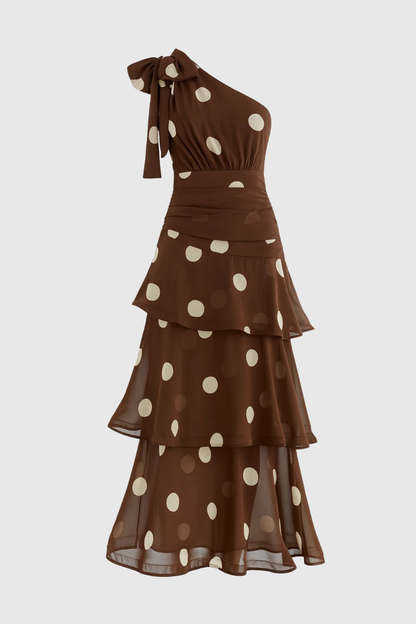 Sverly One Shoulder Polka Dot Midi Dress - Brown