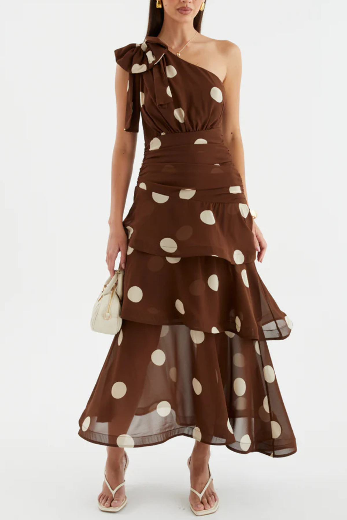 Sverly One Shoulder Polka Dot Midi Dress - Brown