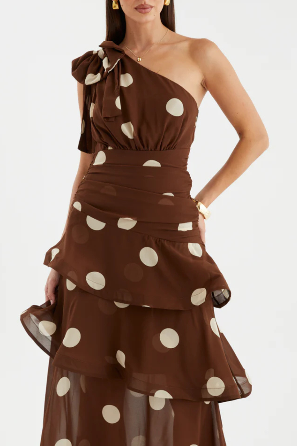 Sverly One Shoulder Polka Dot Midi Dress - Brown