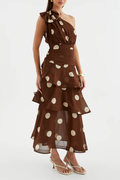 Sverly One Shoulder Polka Dot Midi Dress - Brown
