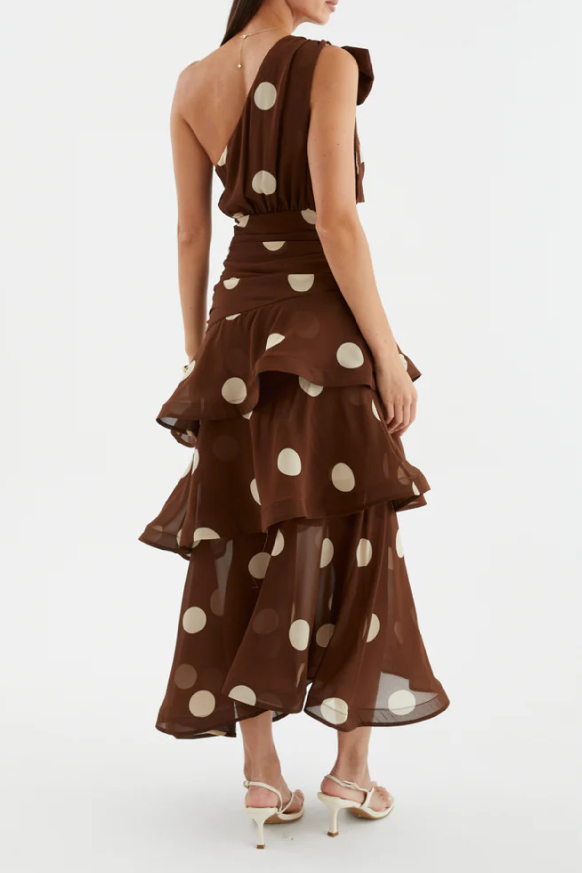 Sverly One Shoulder Polka Dot Midi Dress - Brown