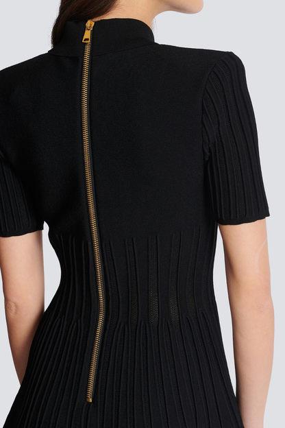Sylas Ribbed Knit Flared Mini Dress - Black