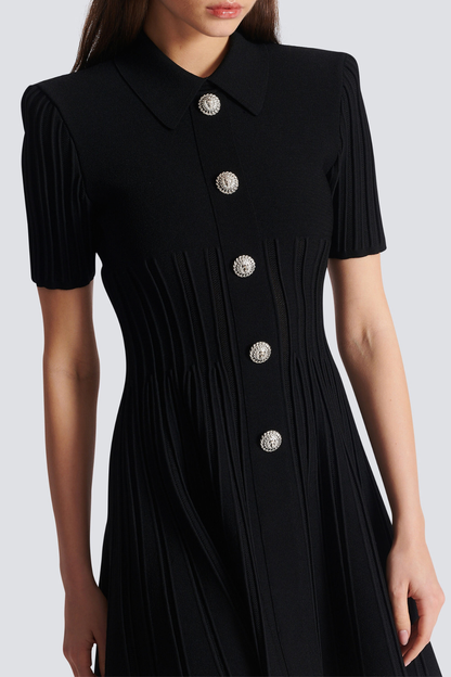 Sylas Ribbed Knit Flared Mini Dress - Black