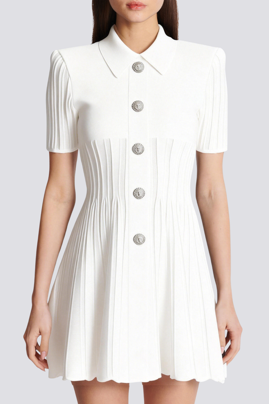 Sylas Ribbed Knit Flared Mini Dress - White